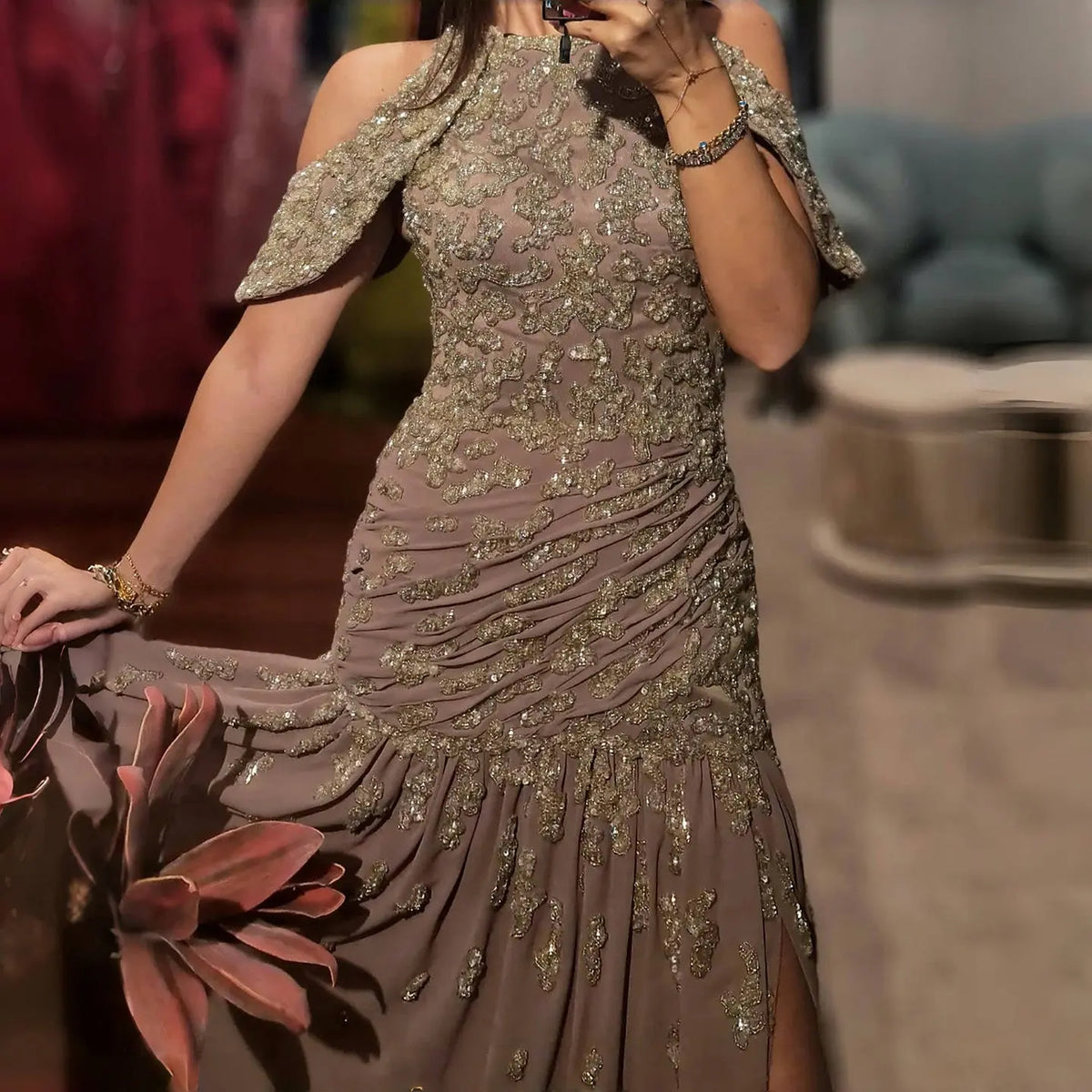 Luxury Beaded Mauve Snap Sleeves Evening Dress SS559 Luxury Beaded Mauve Snap Sleeves Evening Dress SS559