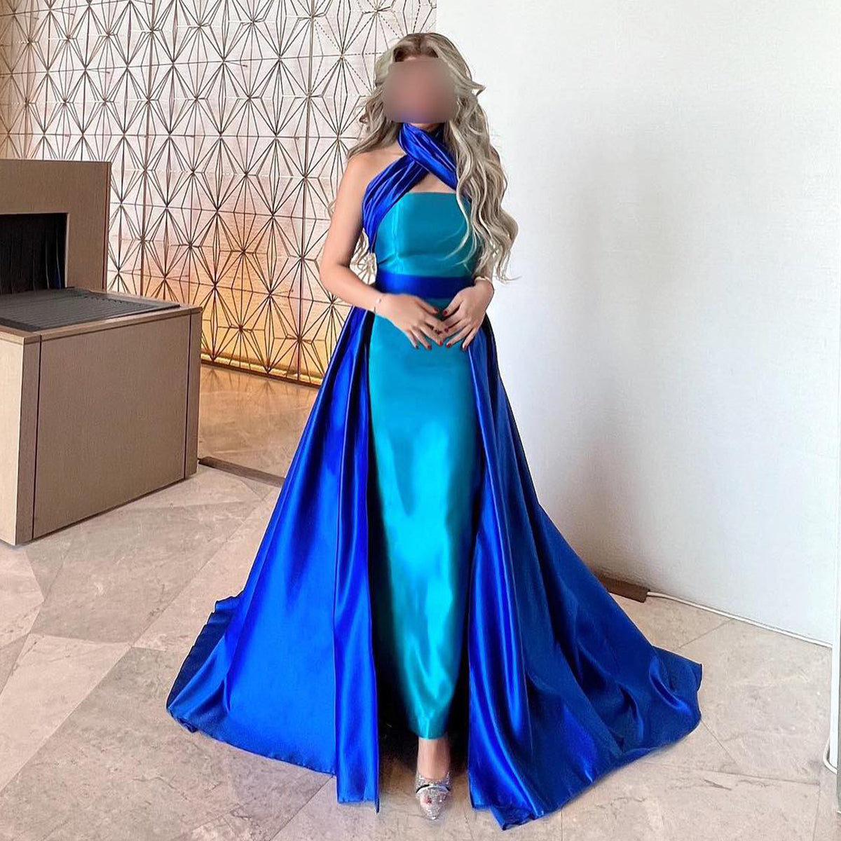 Sharon Said Arabic Royal Blue Contrast Turquoise Evening Dress with Overskirt Criss Cross Halter Women Wedding Party Dress SF012