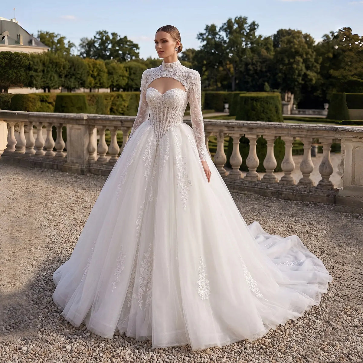 White Lace Long Sleeve Ball Gown Wedding Dress SW680