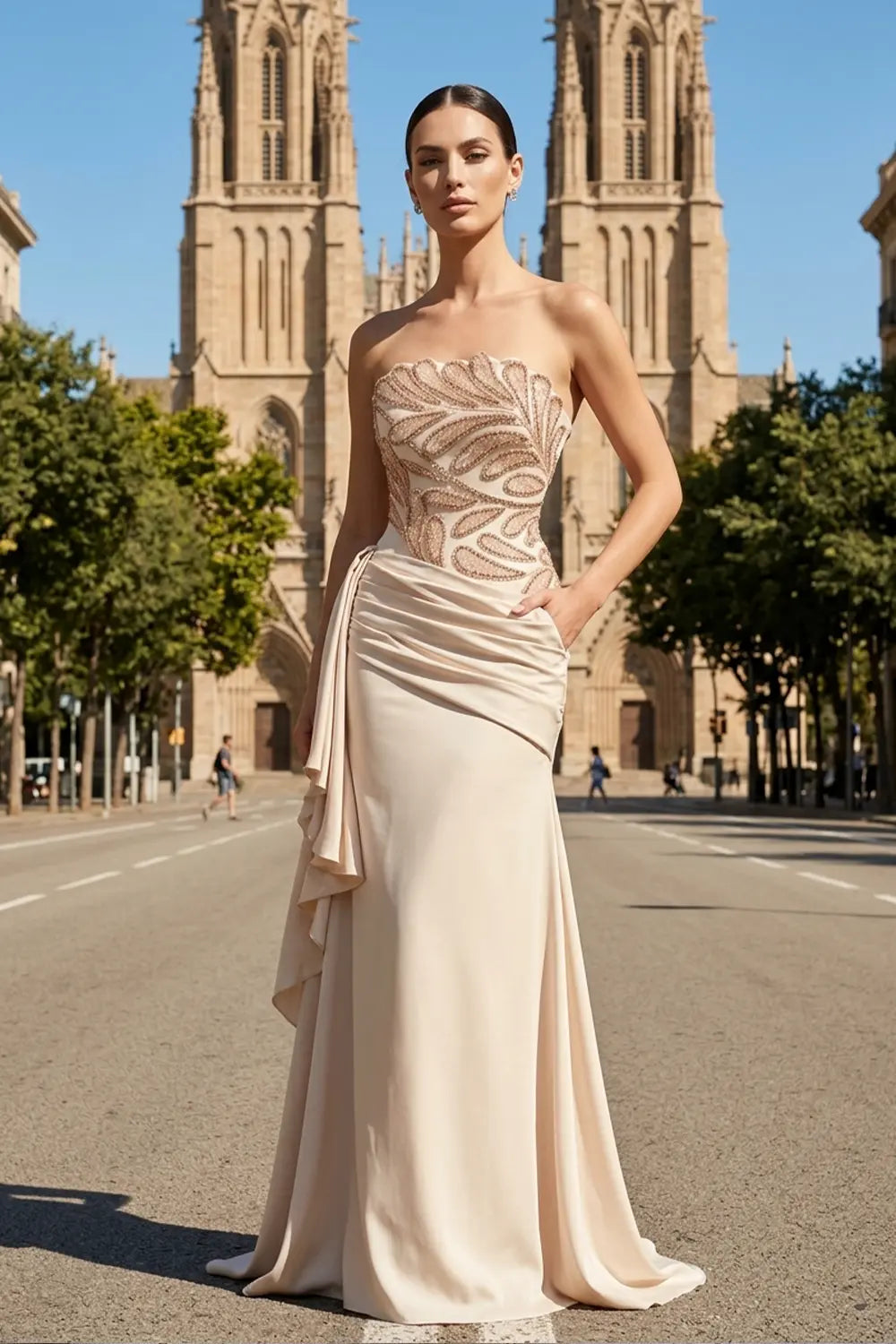 Beige Strapless Beaded Overskirt Evening Dress SS242