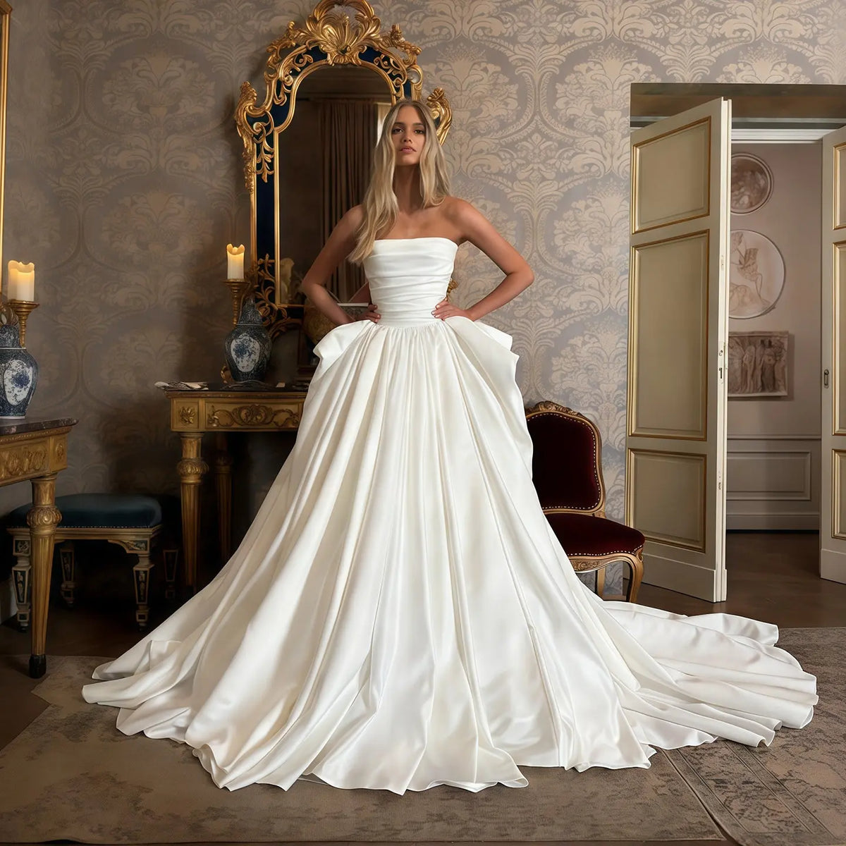 satin wedding dress with ruching Strapless Ruched Satin Long Wedding Dress With Slit Custom Made / Ivory