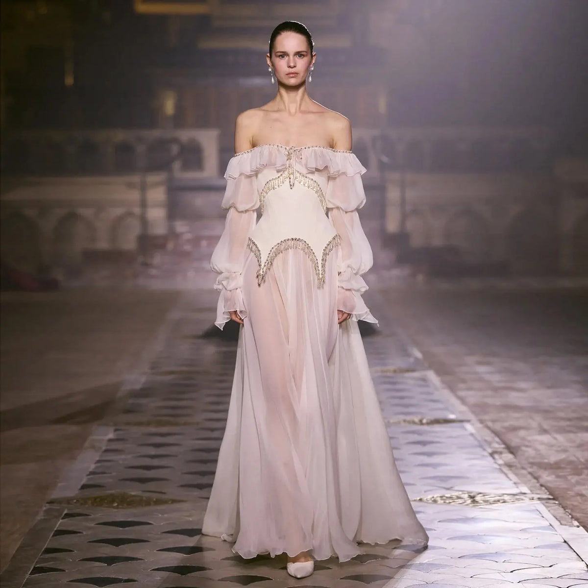 Pearl Pink Off Shoulder Chiffon Evening Dresses SS412