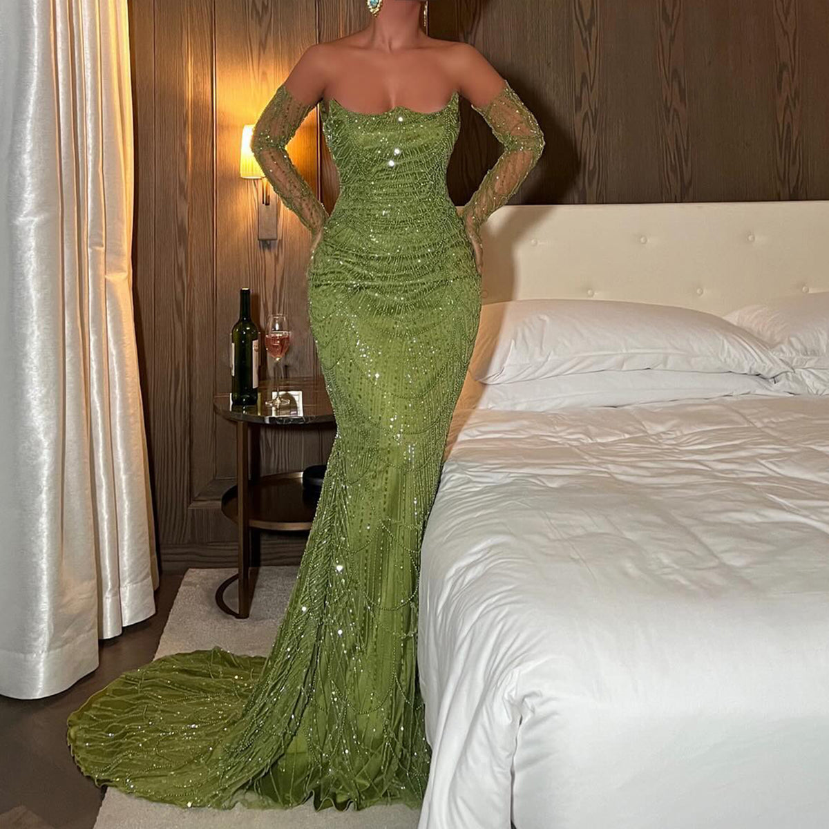 Sharon Said Luxuriöses, mit Perlen besetztes grünes Meerjungfrau-Abendkleid aus Dubai mit Handschuhen für Frauen, Hochzeits- und Partykleider SS306