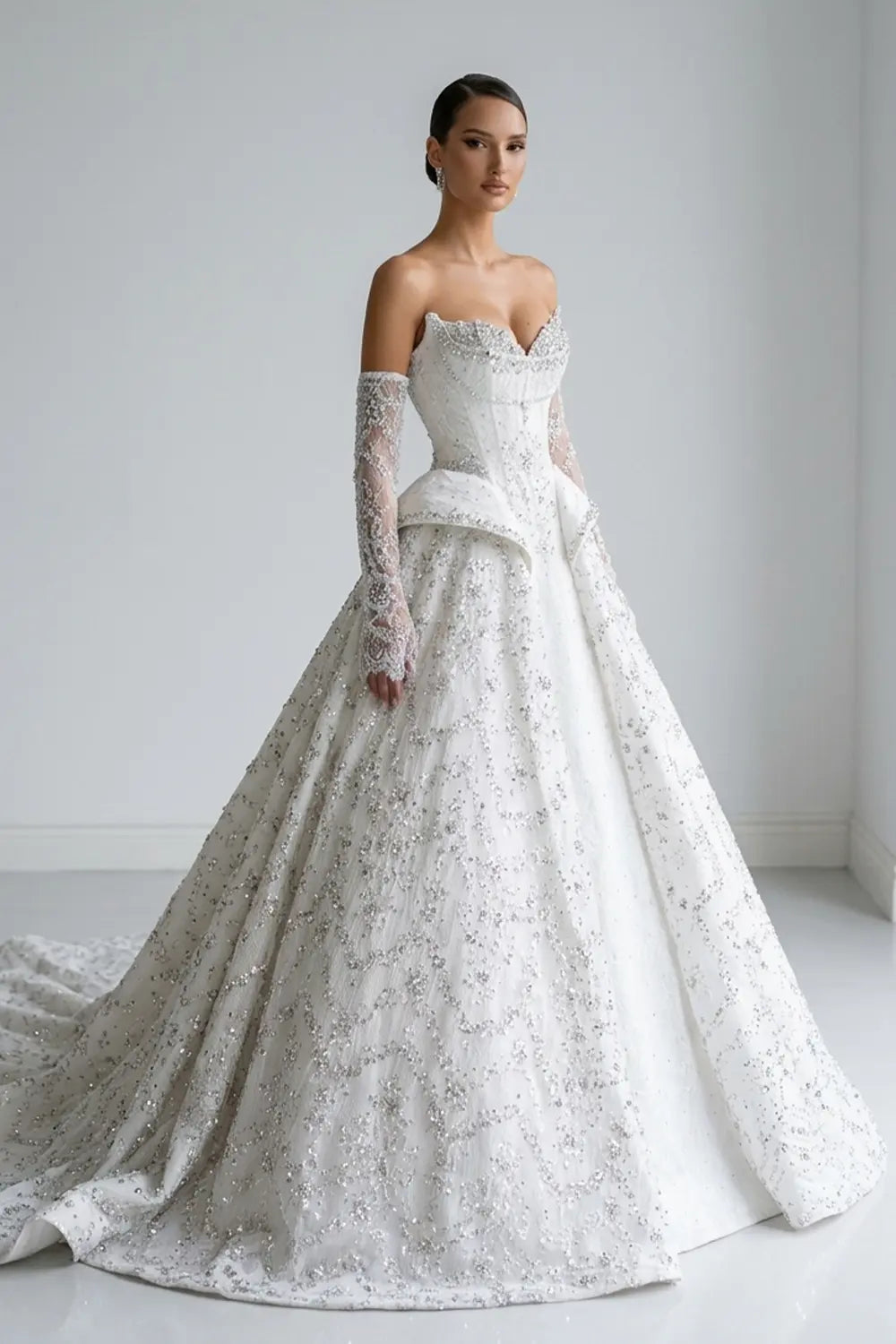 White Beaded Ball Gown Wedding Dress SW019