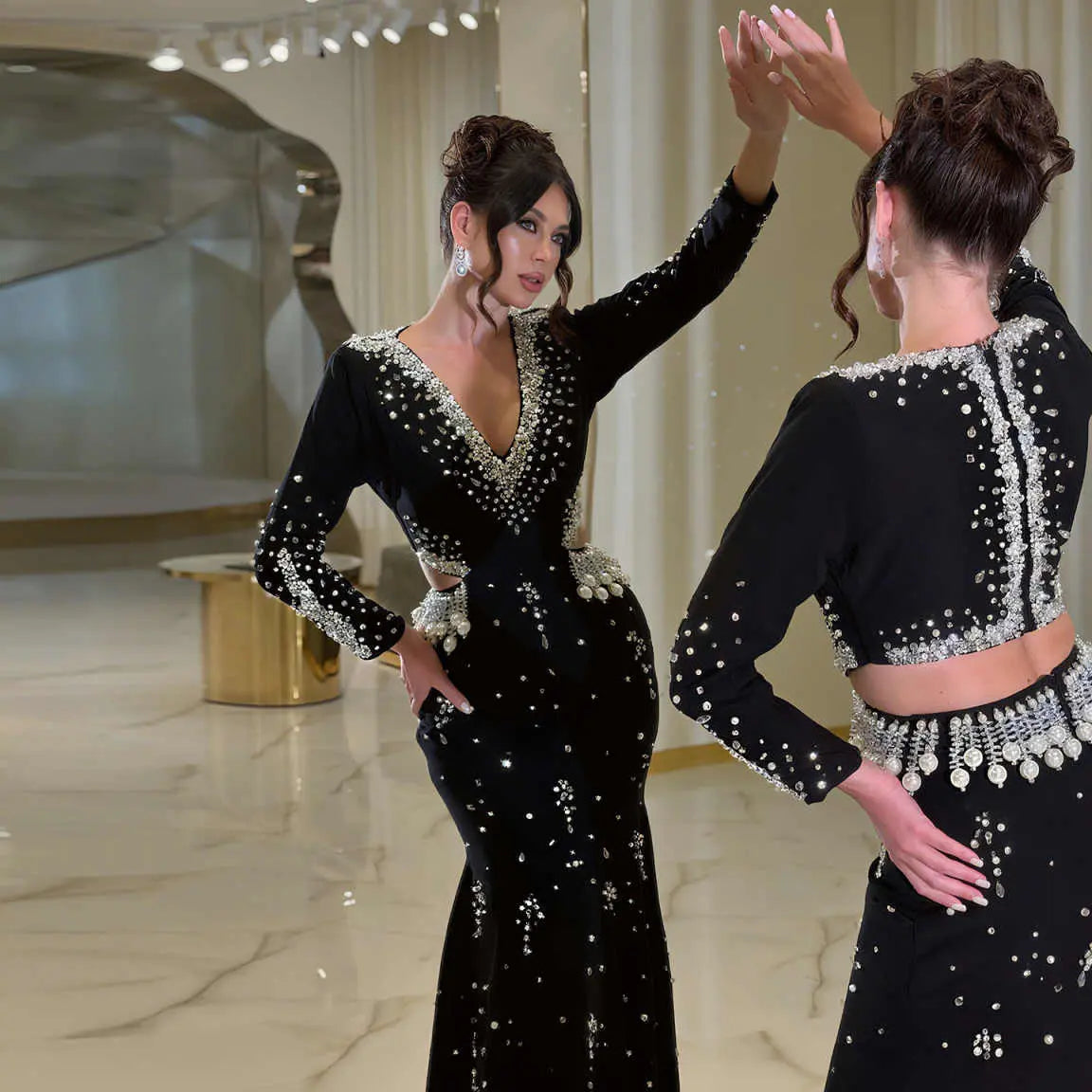 Elegant Black Pearl-Embellished Long Sleeve Prom Dress XD019 Black / 12
