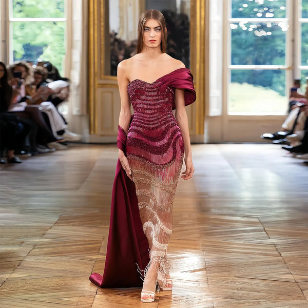 Luxury Burgundy Beaded Ombre Off-Shoulder Mermaid Evening Dress with Cap SS530