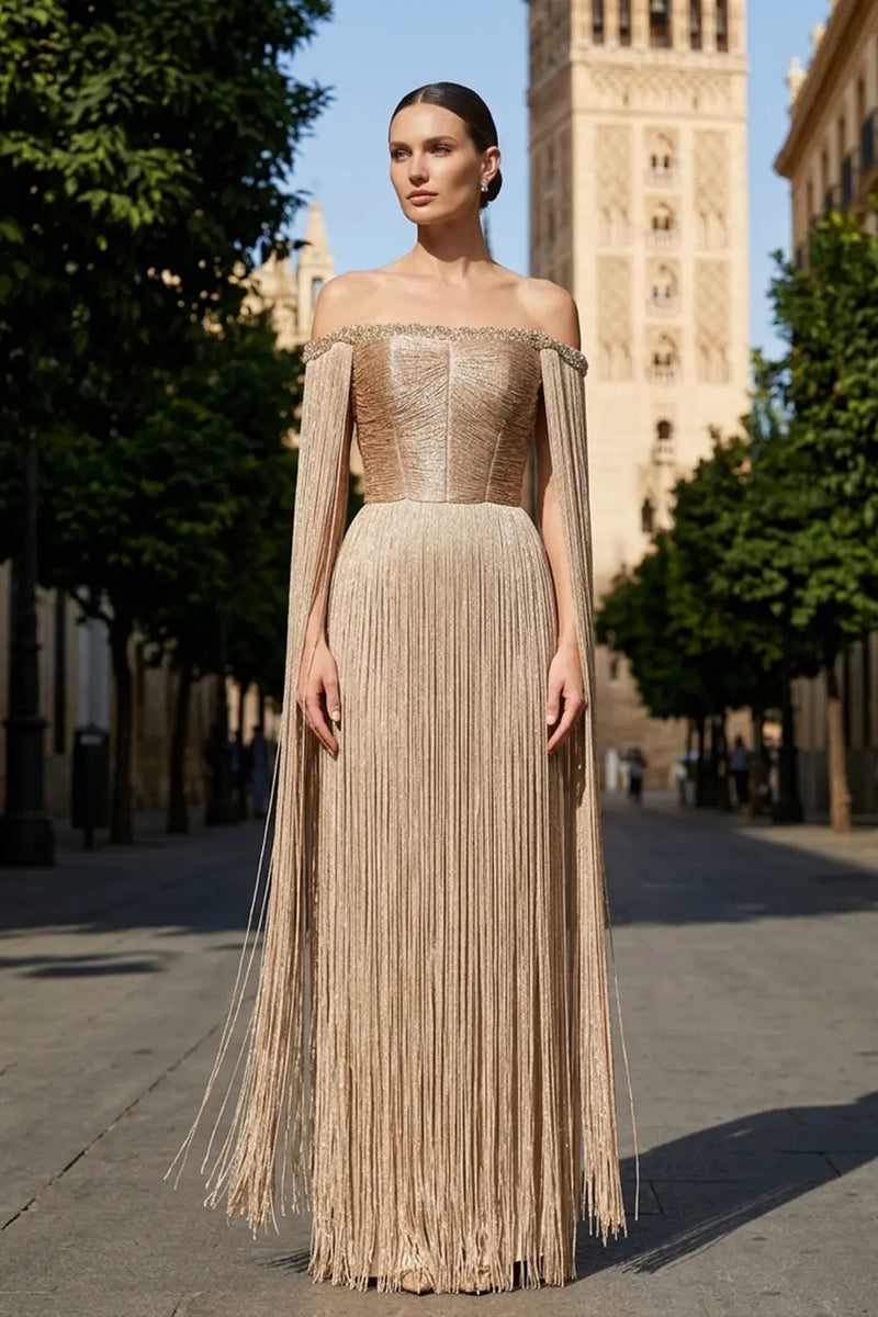 Gold Off-Shoulder Tassel Evening Gown SS232