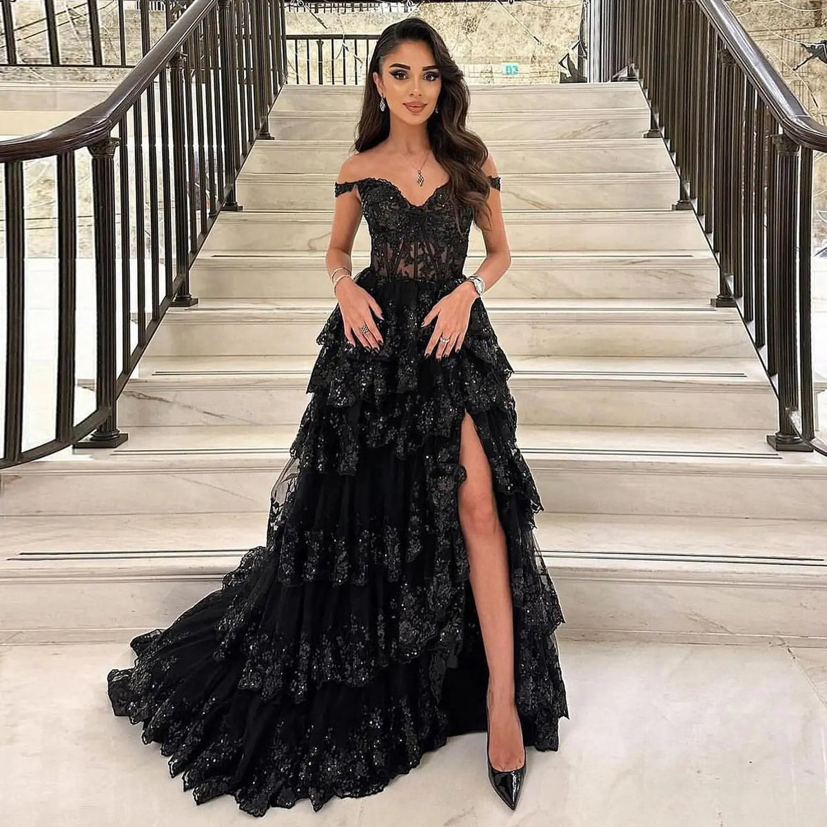 Stylish Black Ruffles Off shoulder Prom Dress with High Slit SH150 Stylish Black Ruffles Off shoulder Prom Dress with High Slit SH150