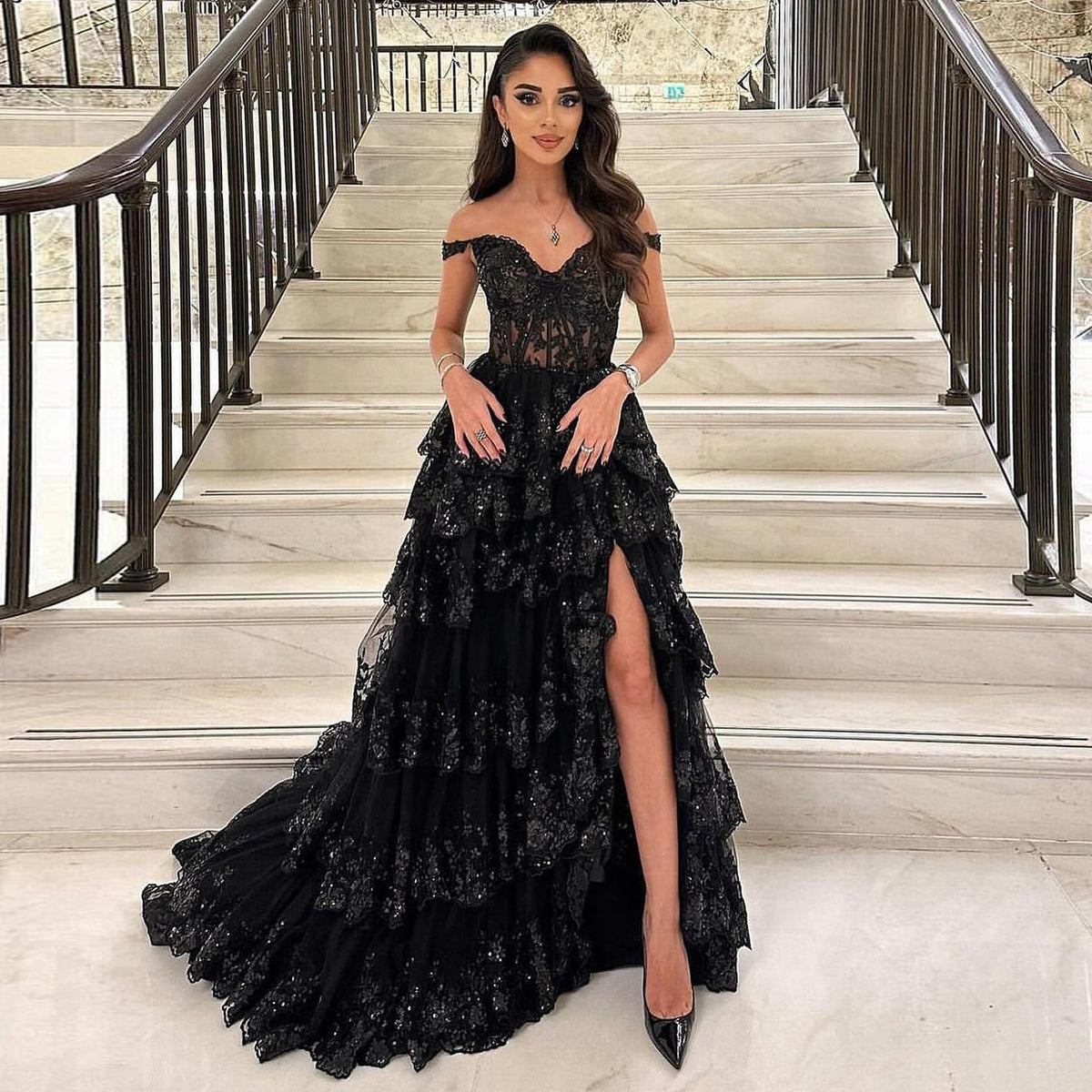 Stylish Black Ruffles Off shoulder Prom Dress with High Slit SF150