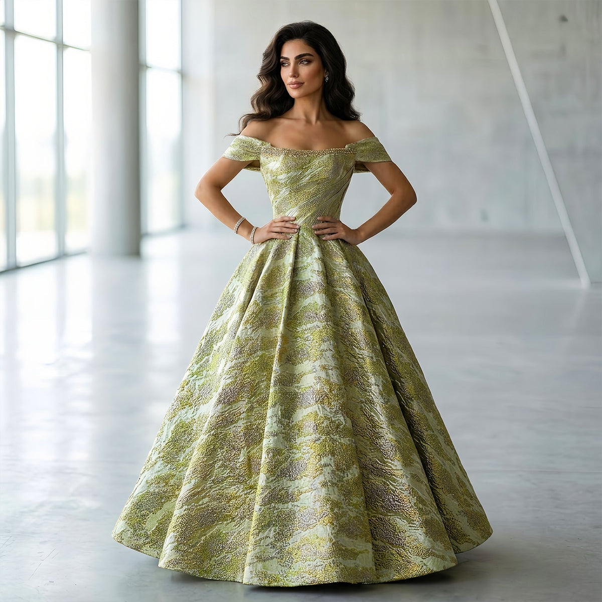 Luxury Gold Jacquard Off-the-Shoulder Ball Gown Satin Evening Dress SS742 