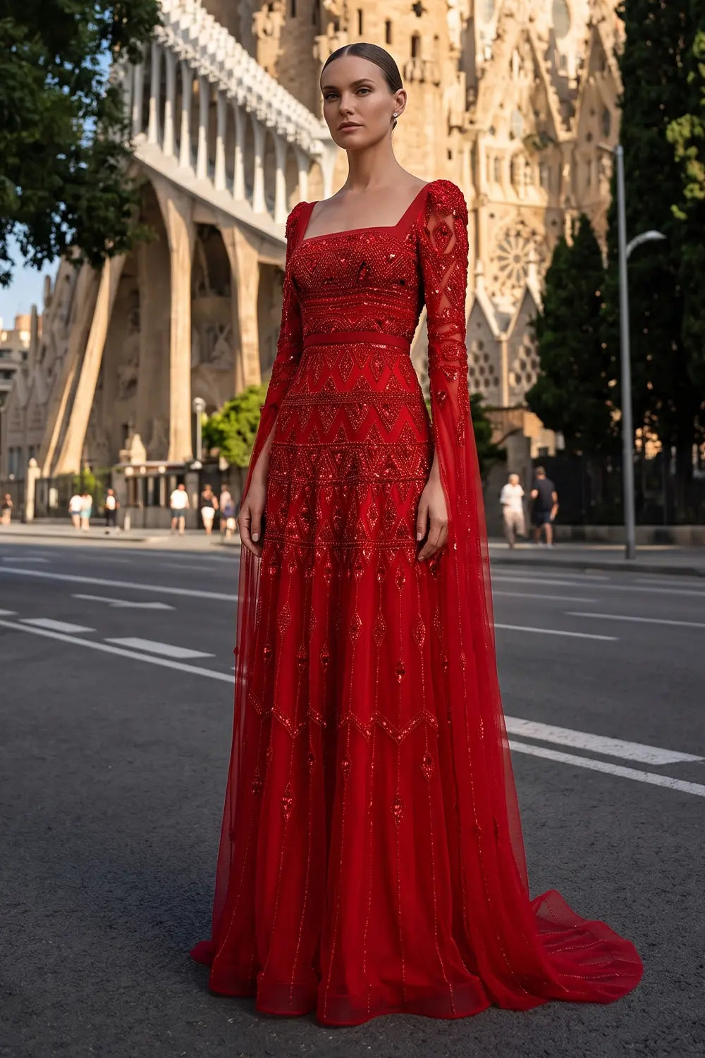 Wine Red Evening Dress with Cape Sleeves SS461