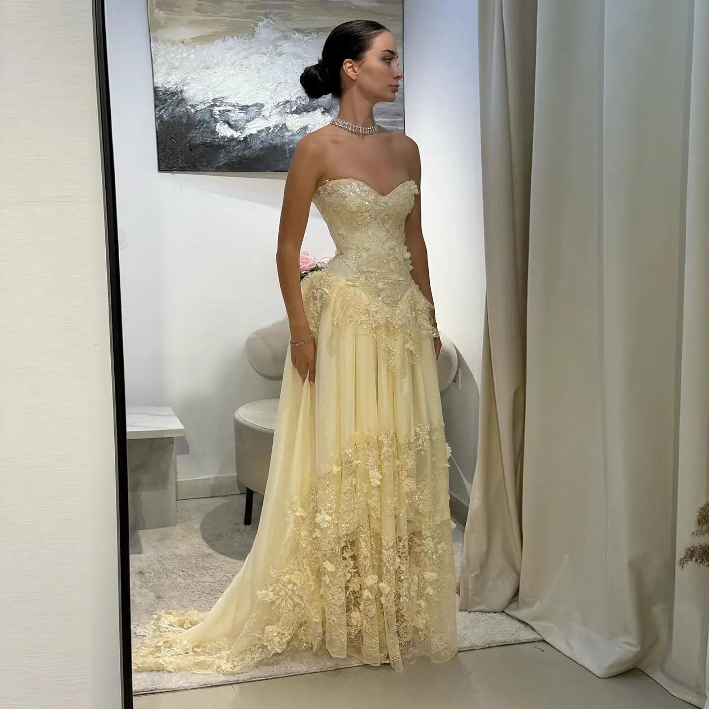 pale yellow wedding dress Elegant Light Yellow 3D Floral Strapless Evening Dress with Overskirt SS654