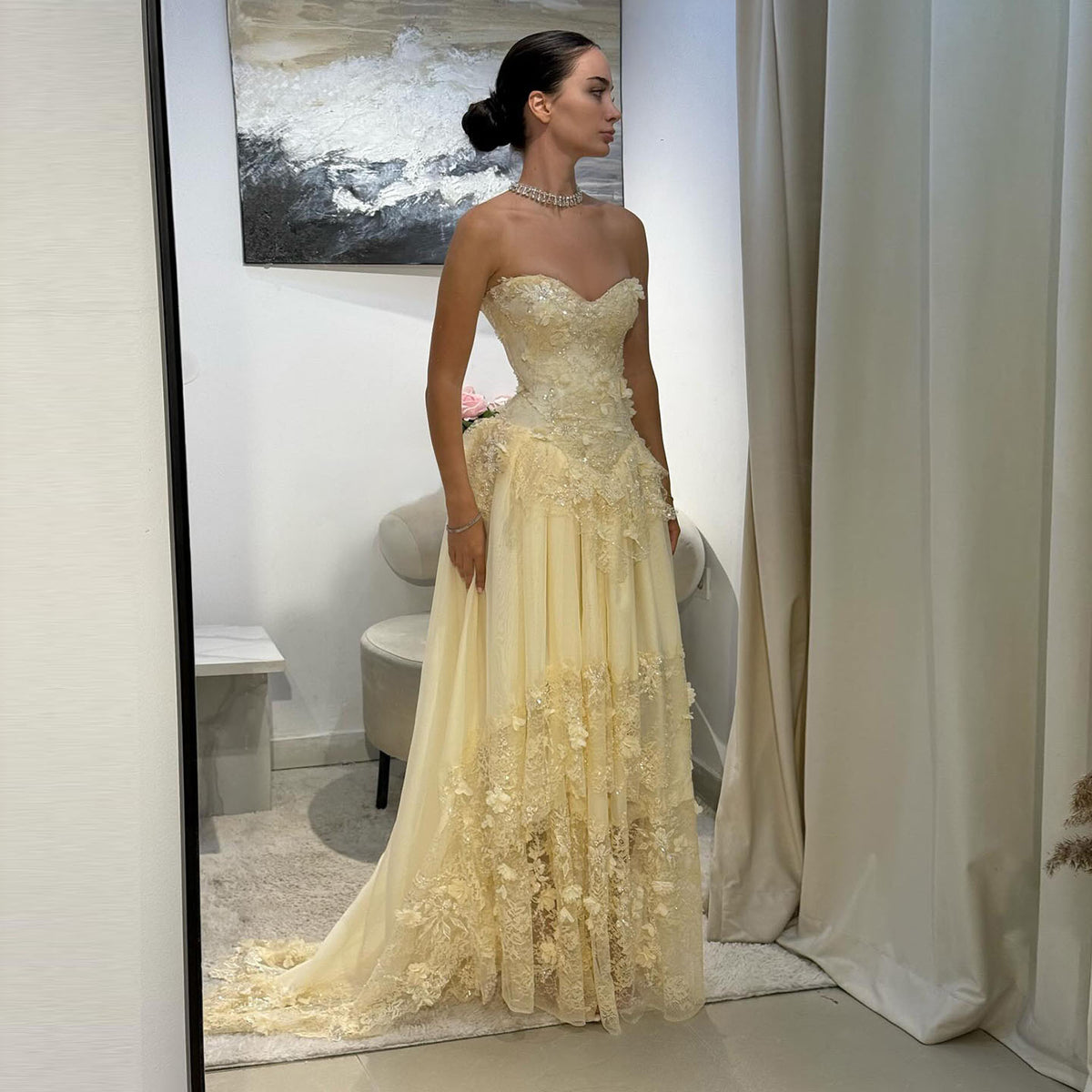 Elegant Light Yellow 3D Floral Strapless Evening Dress with Overskirt SS654 