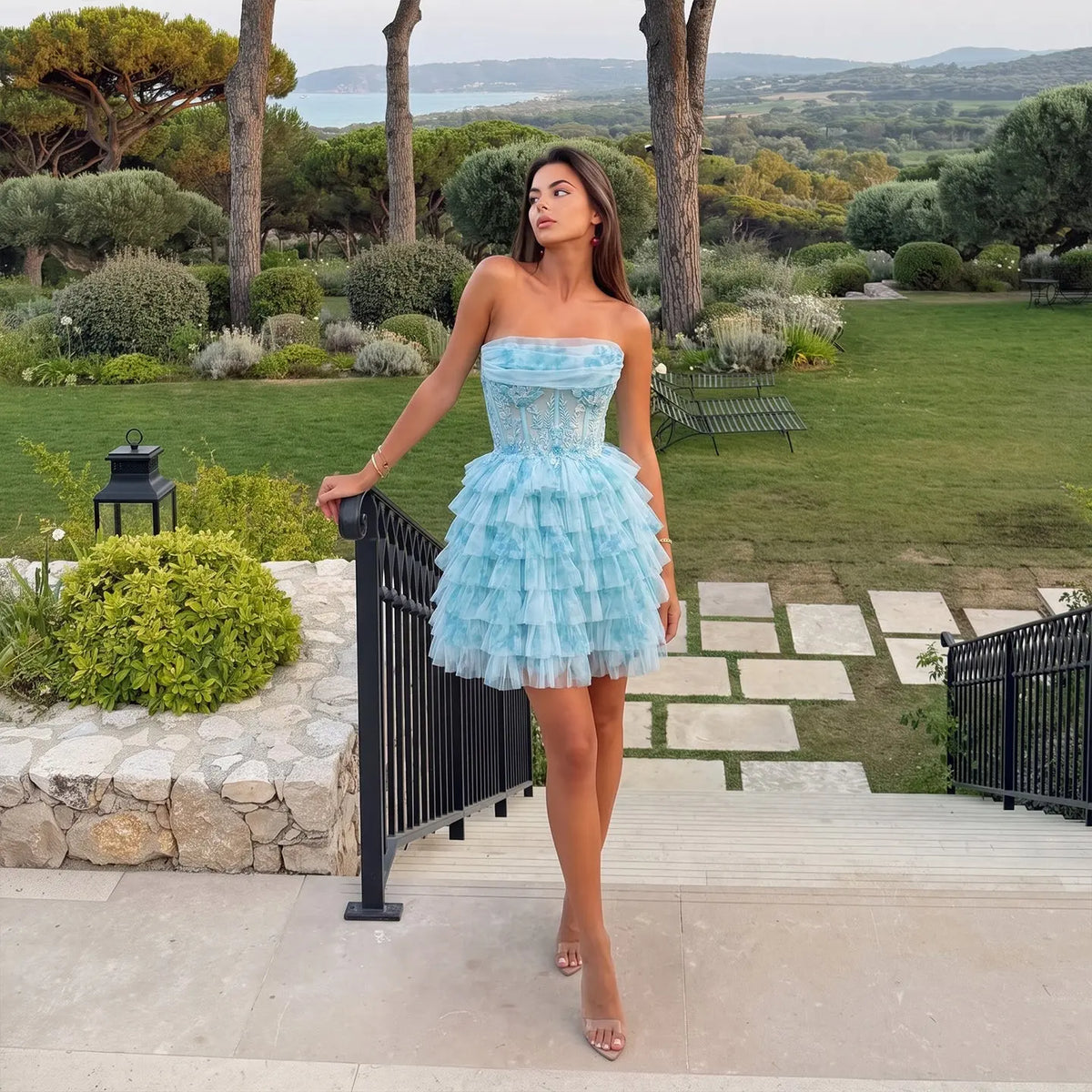 Elegant Aqua Strapless Lace Corset A-Line Homecoming Dress RM133