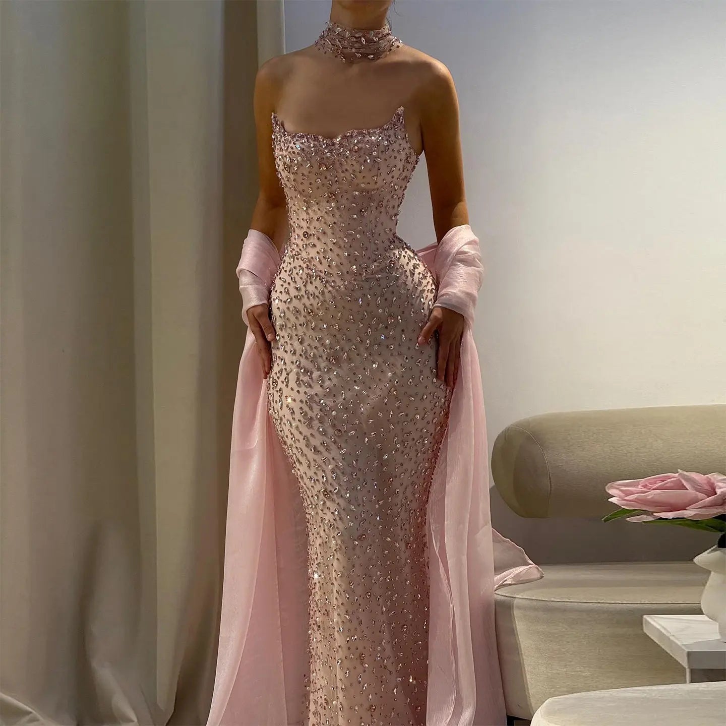 Glamorous Pink Strapless Crystal Evening Dress with Choker and Cape SS –  SHARONSAID