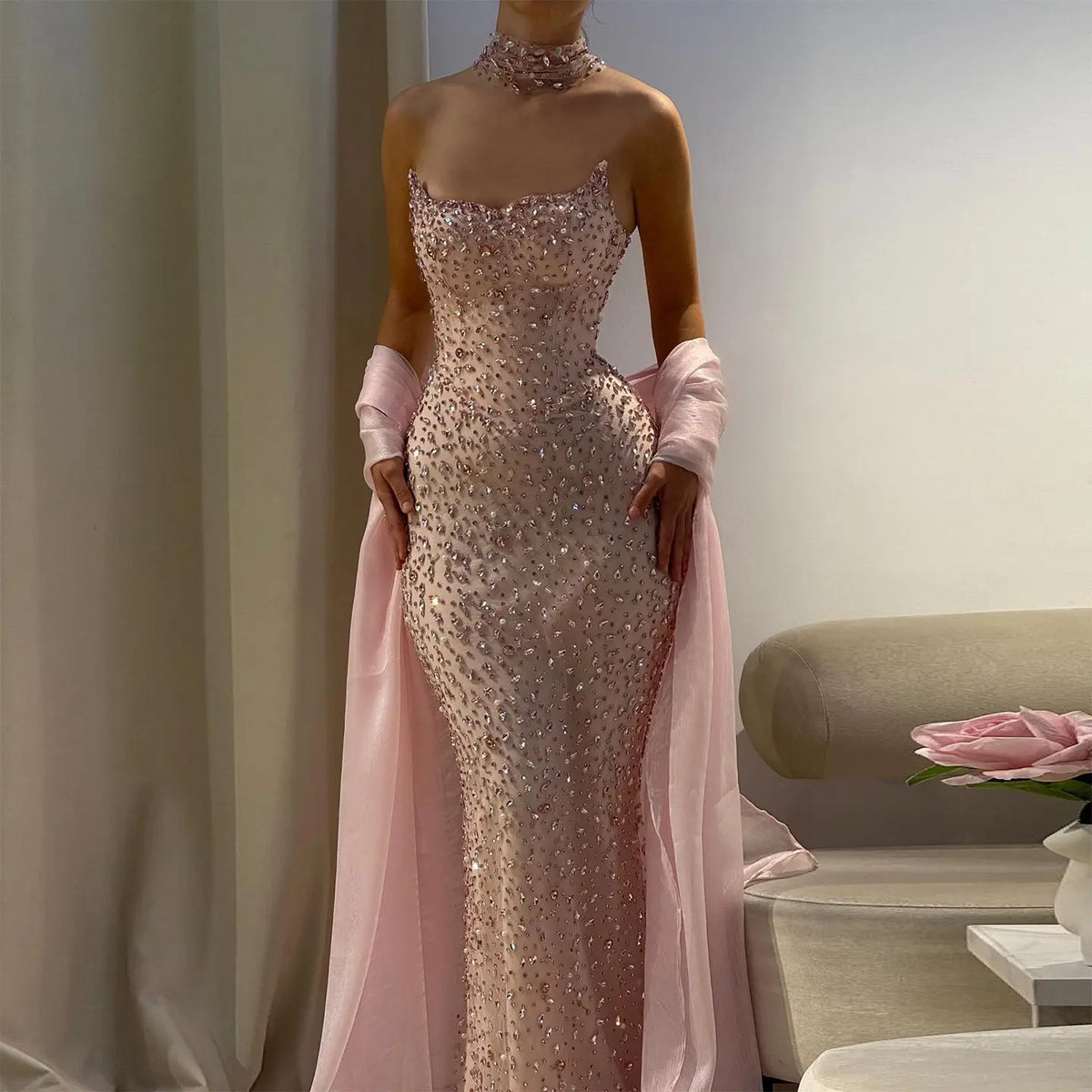 Glamorous Pink Strapless Crystal Evening Dress with Choker and Cape SS382 