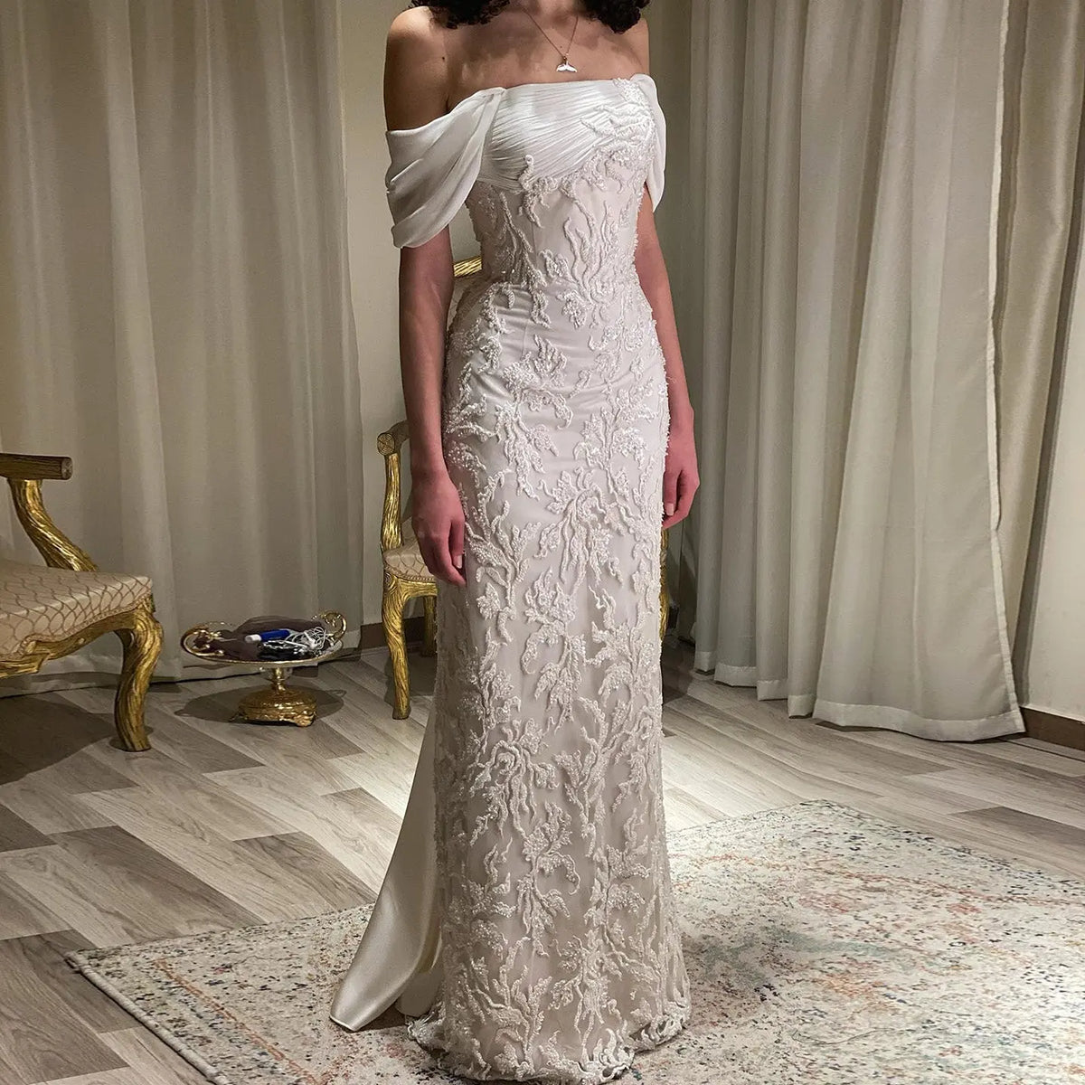 Elegant Ivory Sequin Off Shoulder Embroidered Evening Dress SS622 Elegant Ivory Sequin Off Shoulder Embroidered Evening Dress SS622