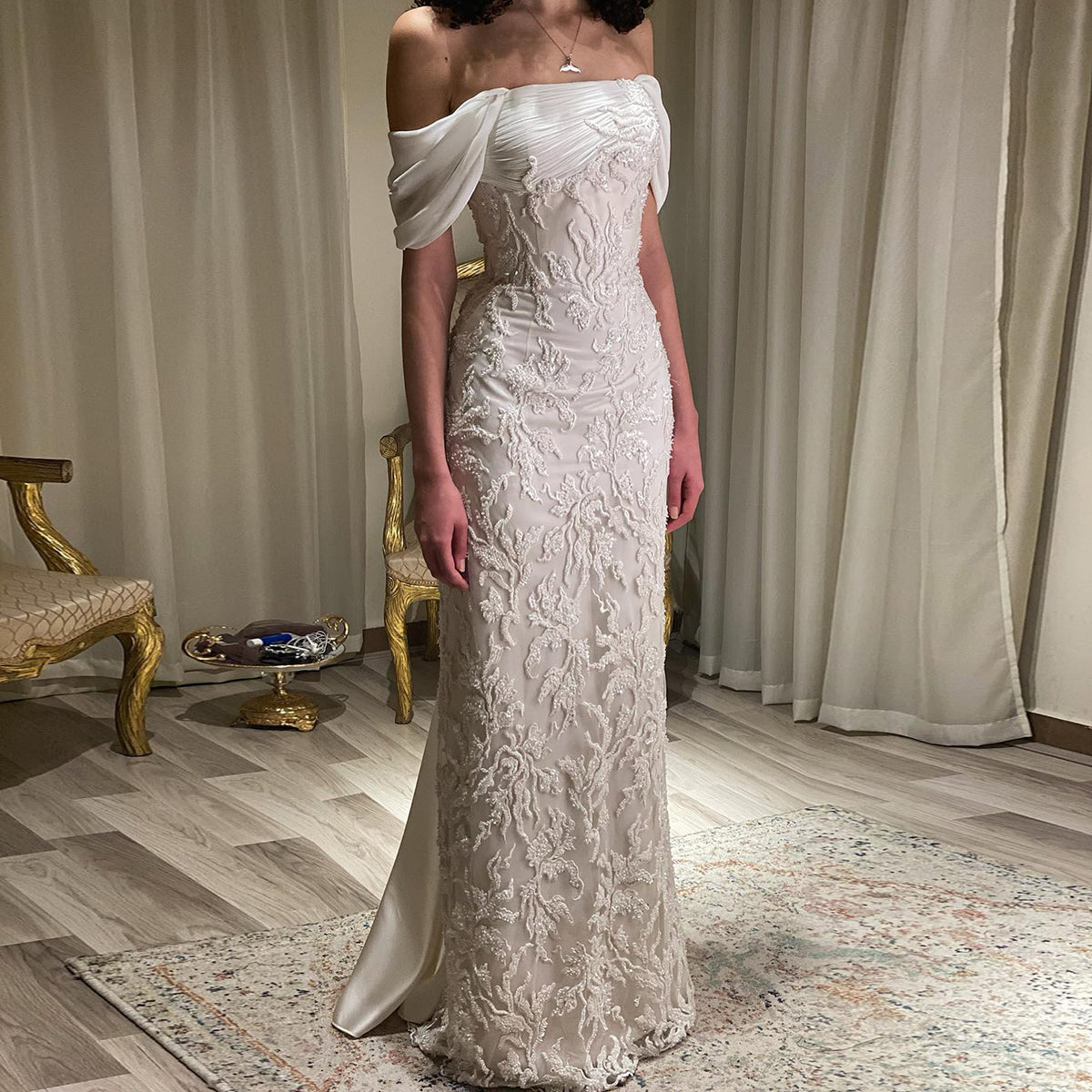 Elegant Ivory Sequin Off Shoulder Embroidered Evening Dress SS622 