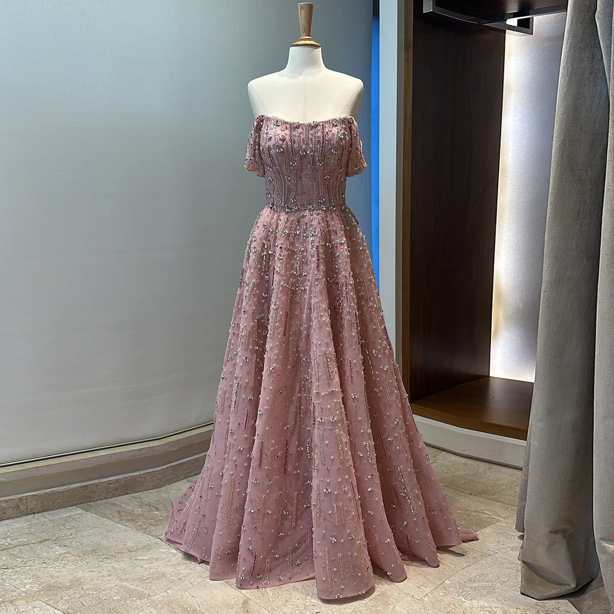 Elegant Pink Sequin Beaded Off Shoulder Evening Dress SS226 