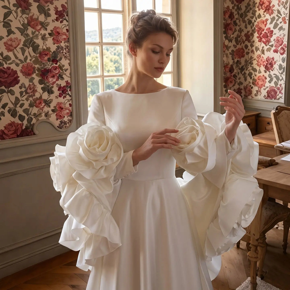 Ivory Romantic A-Line Satin Wedding Dress 3D Rose Floral With Veil SW661