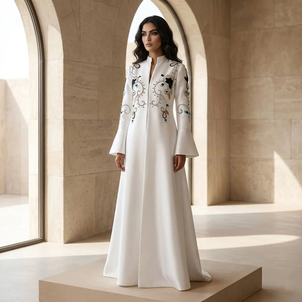 Elegant Black White Mandarin-Collar Pearl Embroidered Evening Dress SHARONSAID Elegant Black White Mandarin-Collar Pearl Embroidered Evening Dress SHARONSAID
