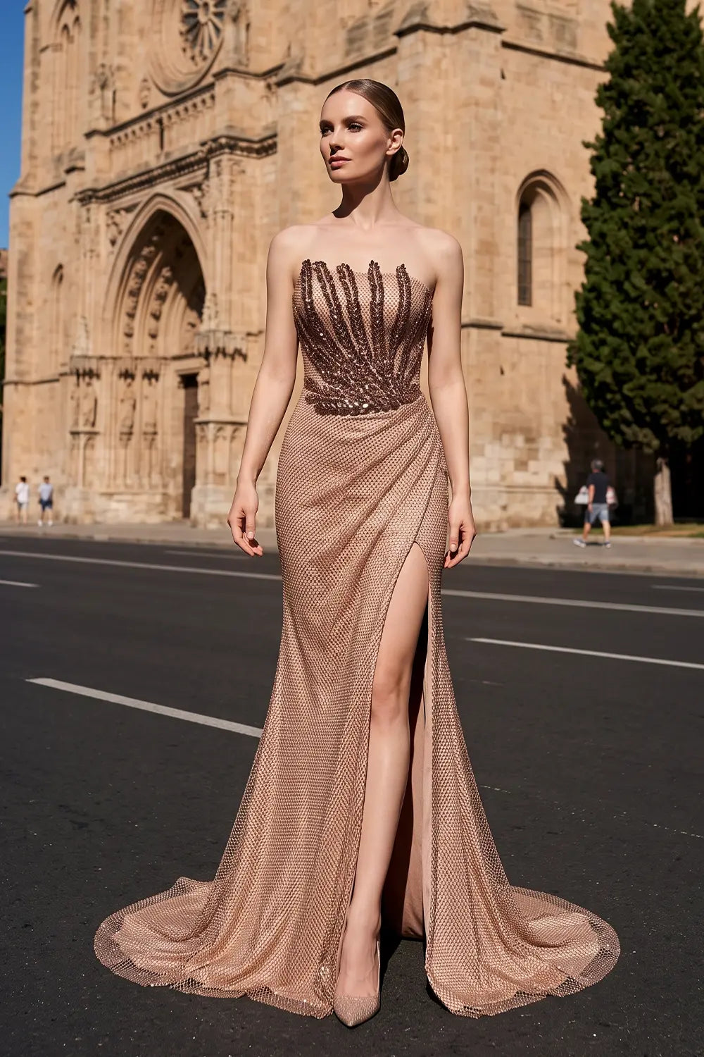 Sparkly Crystal Caramel Strapless Evening Dress SS528