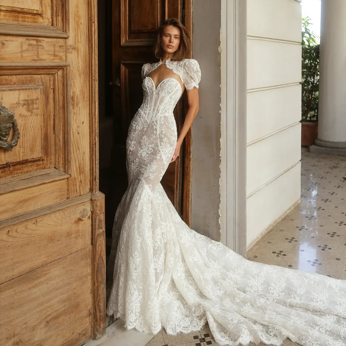 vintage puff sleeve wedding dress Vintage Ivory Lace High Neck Puff Sleeve Backless Mermaid Wedding Dress SW180