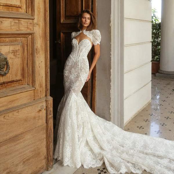 mermaid wedding dress vintage Ivory Lace High Neck Puff Sleeve Backless SW180 Vintage lace mermaid wedding Color:Brown Woven Tight Homecoming Dresses | Ruffled