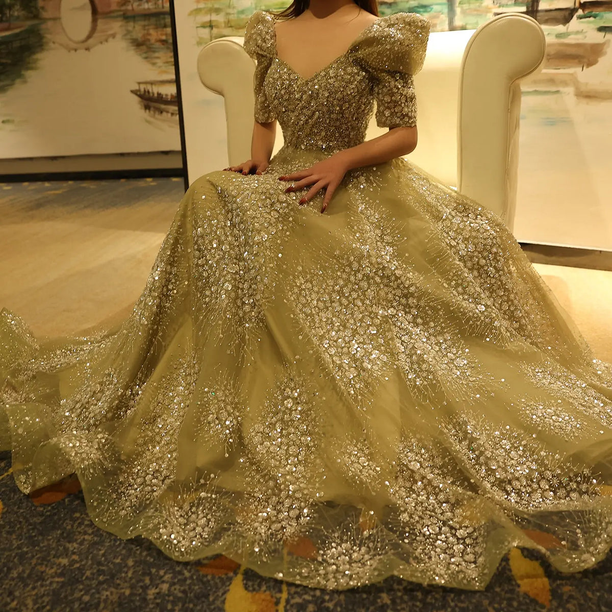Glitter Lime Green Puffle Sleeve Evening Dress SS155 Glitter Lime Green Puffle Sleeve Evening Dress SS155