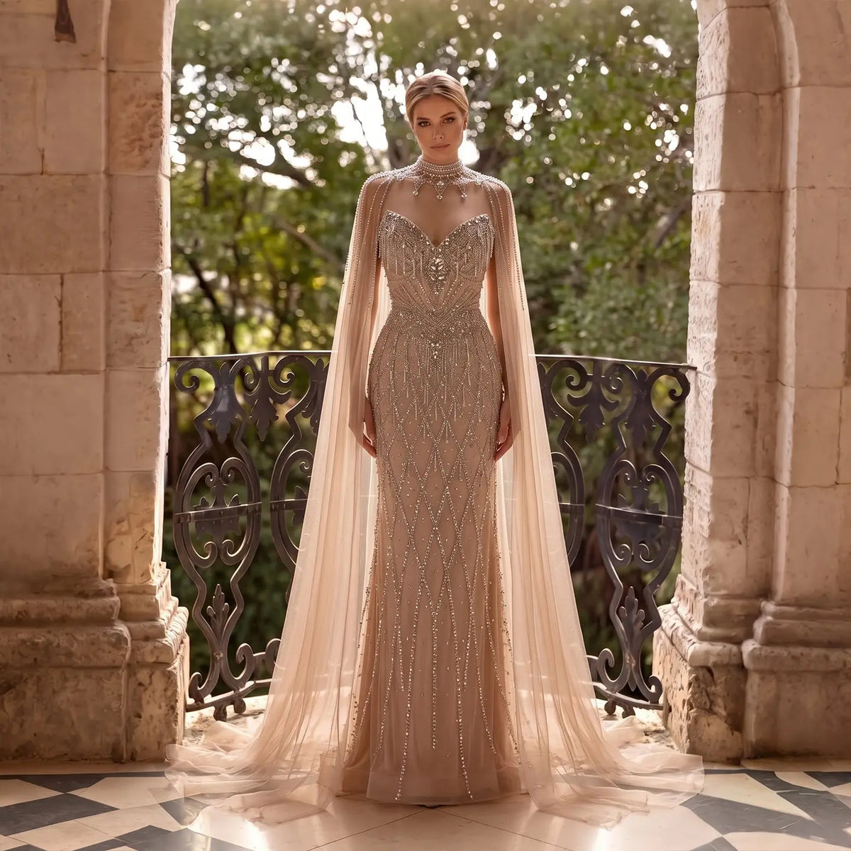 Champagne Beaded Cape Evening Gown SS138