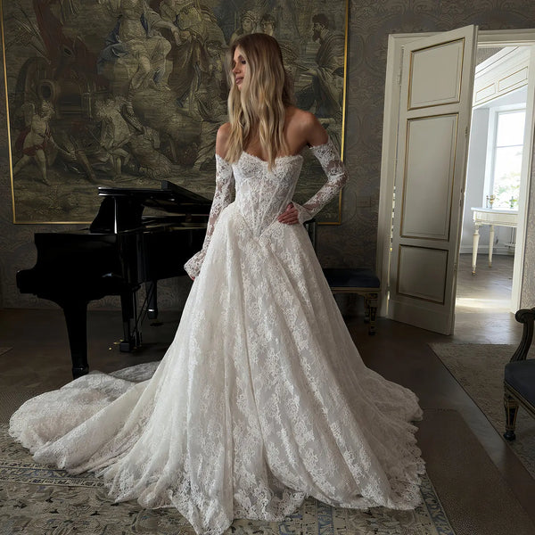 Elegant White Off-the-Shoulder Long Sleeve Lace Corset Wedding Dress SW213