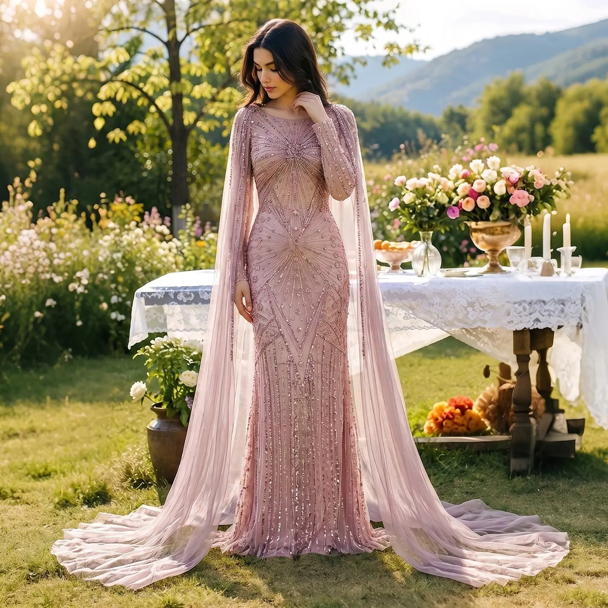 Dreamy Pink Allover Glitter Beaded Round Neck Wedding Guest Evening Dress SS051