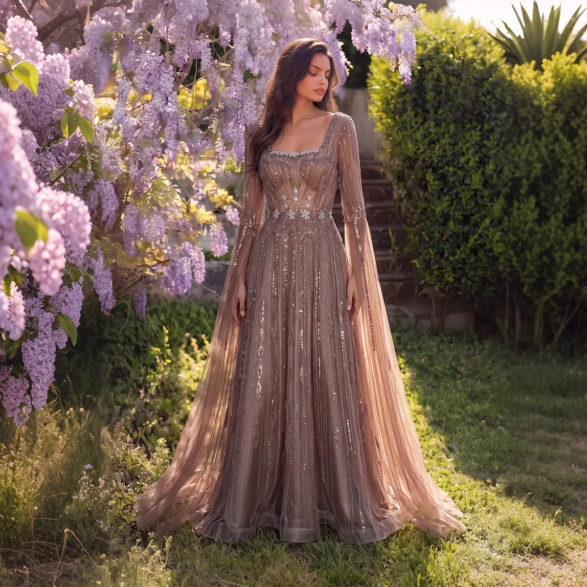 Sequin Square Neck Tulle Evening Dress SS065