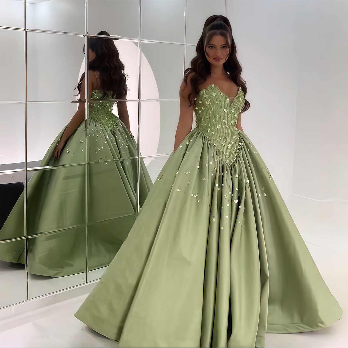Luxury Green Sequins Beaded Off Shoulder Evening Dress XD011 
