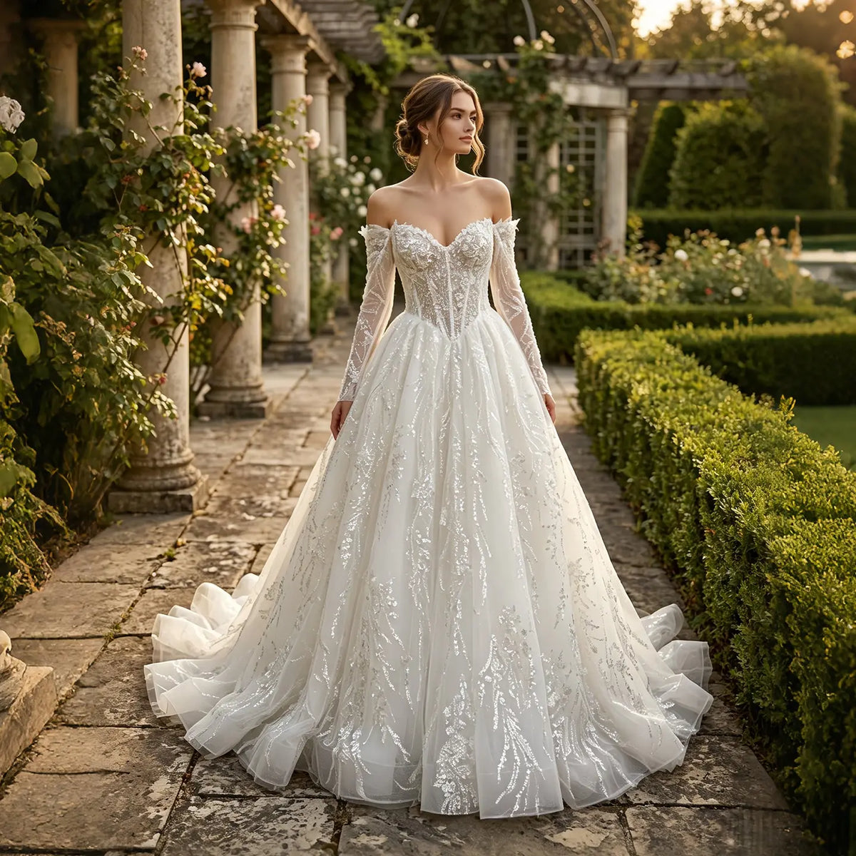 Luxury Off-the-Shoulder Long Sleeve Lace Tulle Ball Gown Wedding Dress SW702
