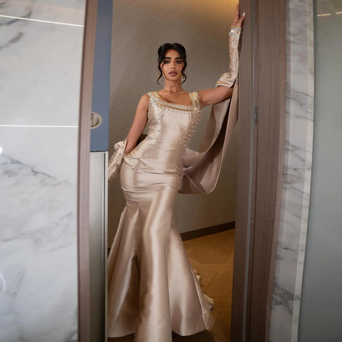 Luxury Khaki Beaded Satin Evening Dress with Statement Detachable Sleeves SS574-2