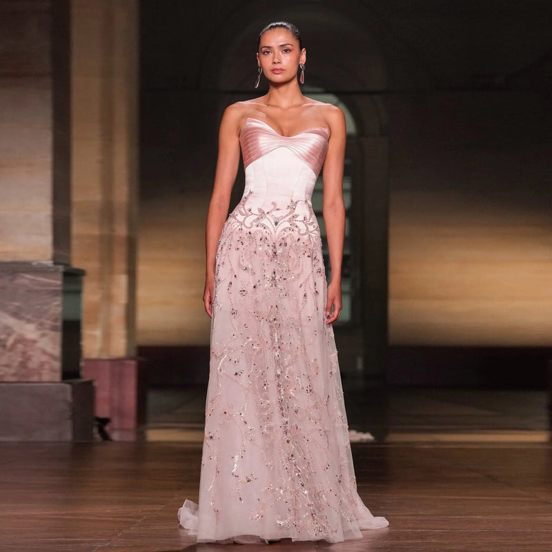 Luxury Pink Embroidered Beaded Strapless Fitted Evening Dress SS529 