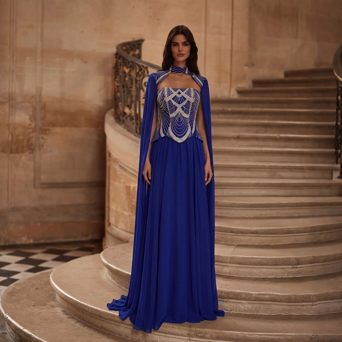 Glamorous High-Neck Blue Beaded Evening Dress with Cape SS757