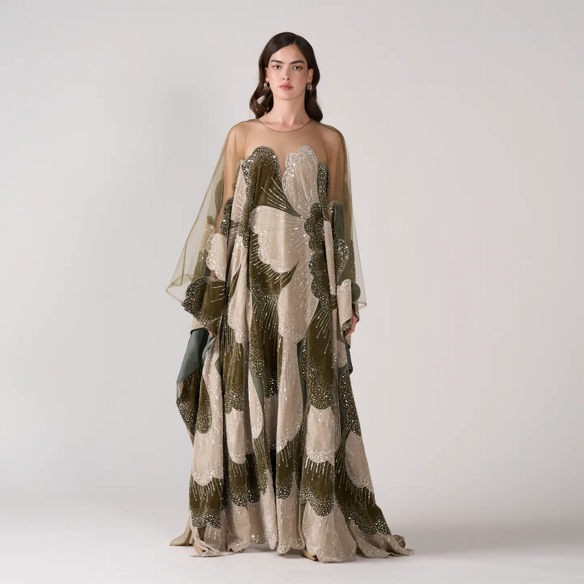 Olive Green Velvet Sequined Floral Kaftan Evening Dress Sparkling Mesh Beaded Long Gown SS669