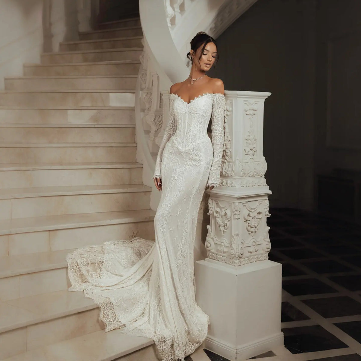 White Off the Shoulder Long Sleeve Lace Mermaid Wedding Dress SW135 – SHARONSAID