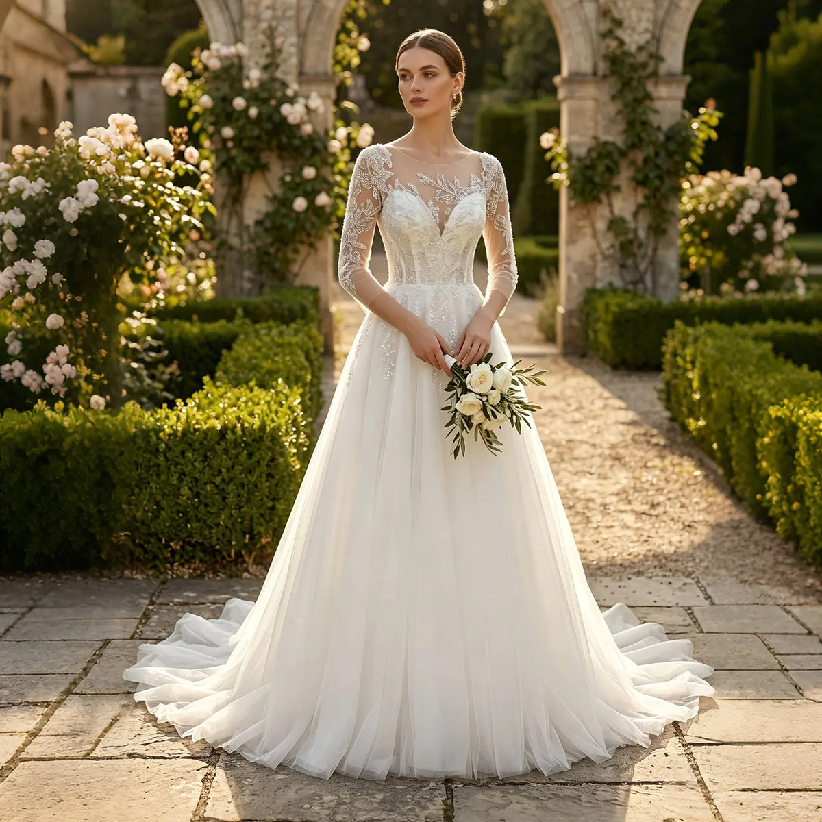 Glamorous Illusion Neck Lace & Tulle Wedding Dress with Cathedral Train SW709