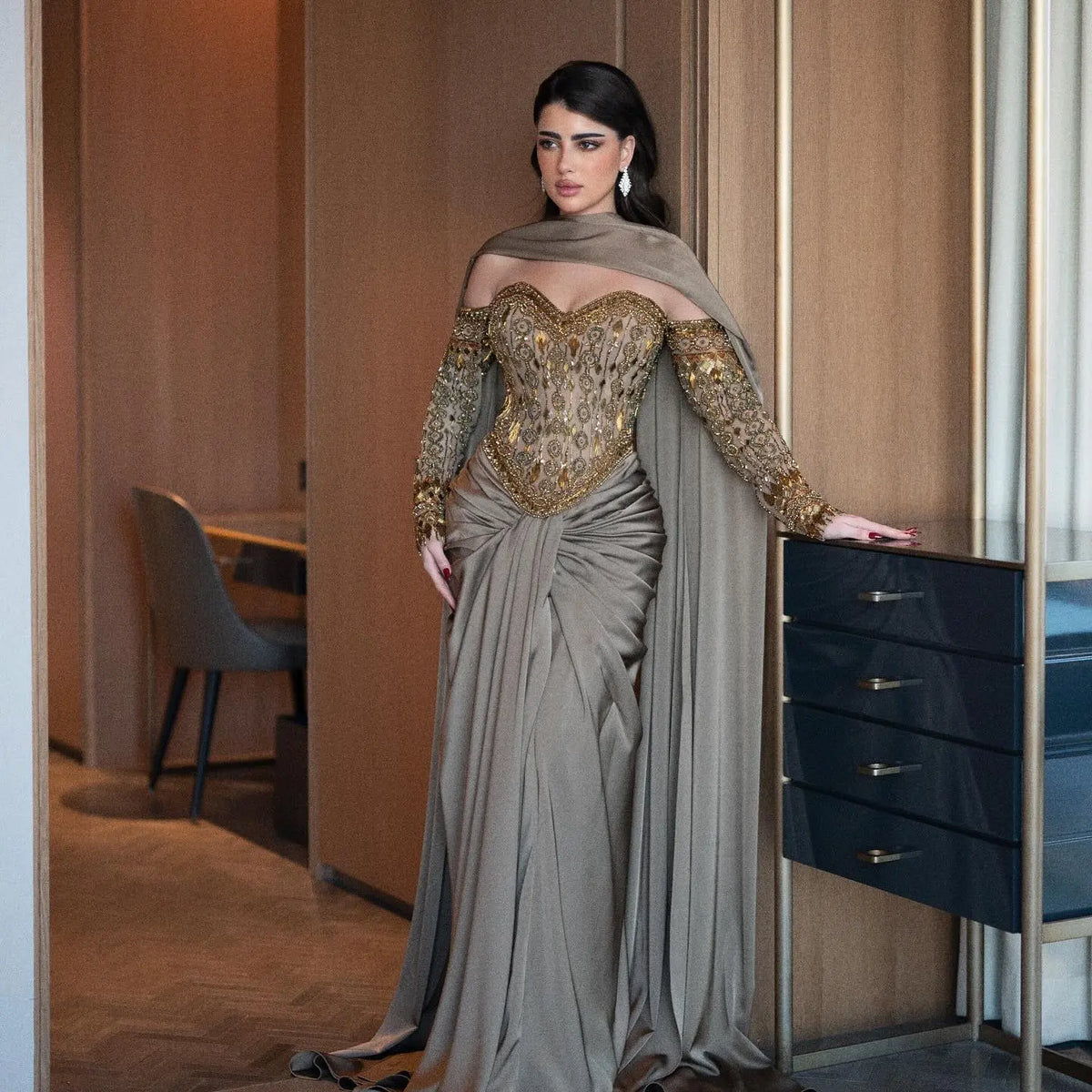 Luxury Gray Embellished Cape Fitted Evening Dress with Scarf SS564 