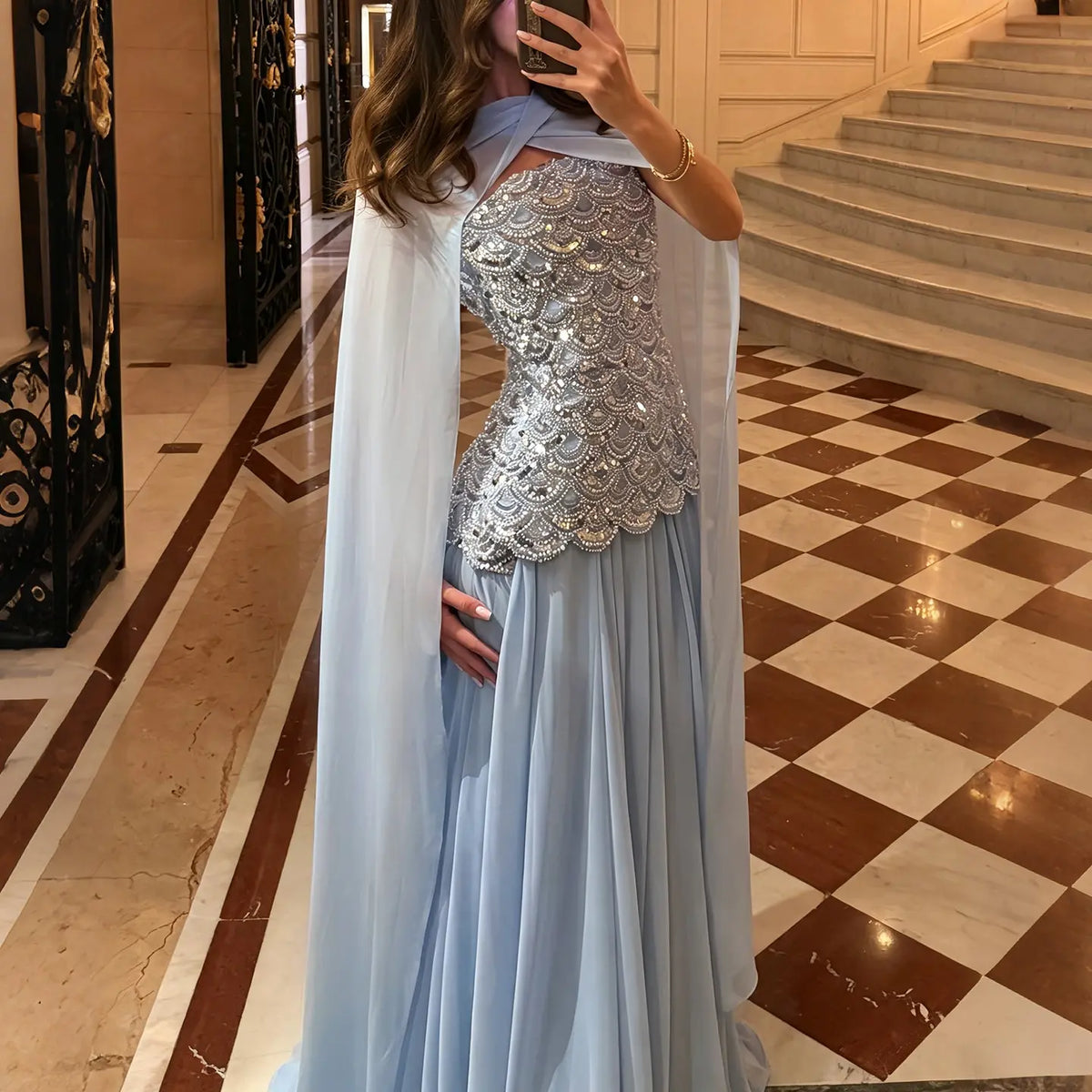 Ice Blue Sequin Strapless Evening Dress SS651-3