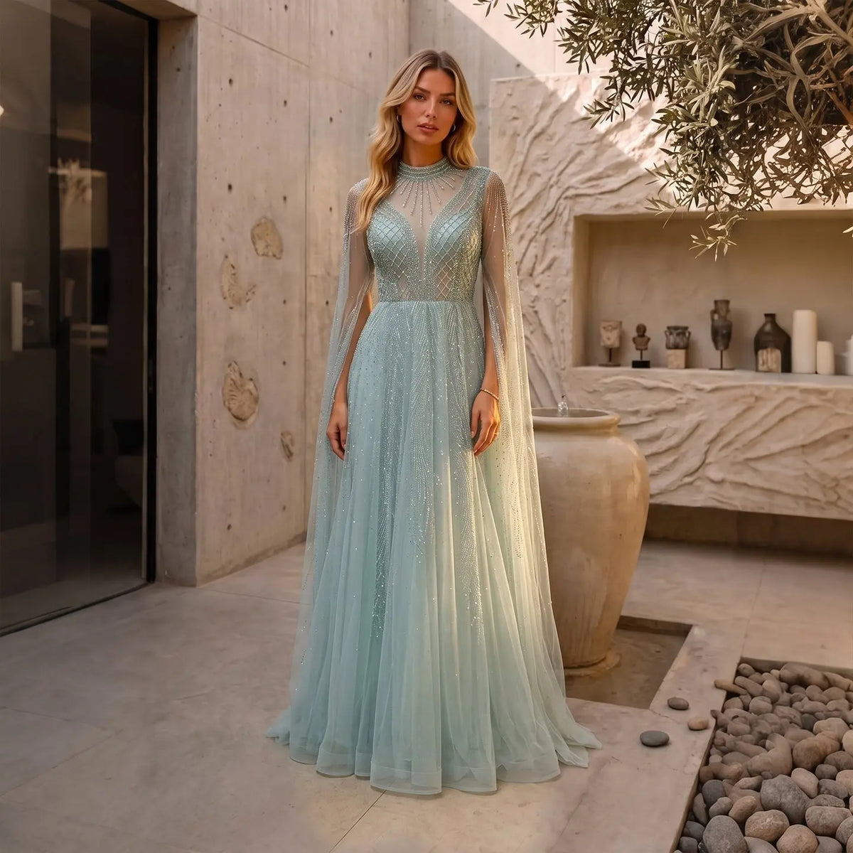Mint Green Glitter Beaded Cape Sleeve Evening Gown SS060