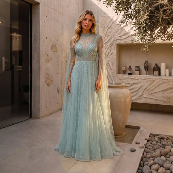 mint green beaded dress Glitter Cape Sleeve Evening Gown SS060 Midi dress