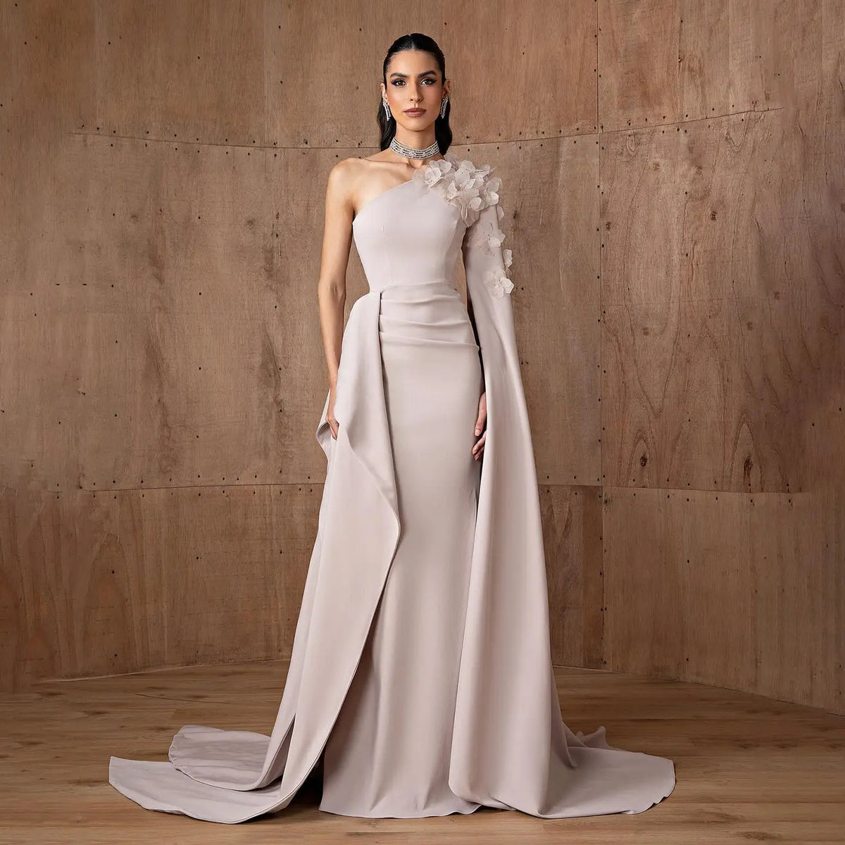 Dreamy Blush Crepe Evening Dress with Draped Train SF555