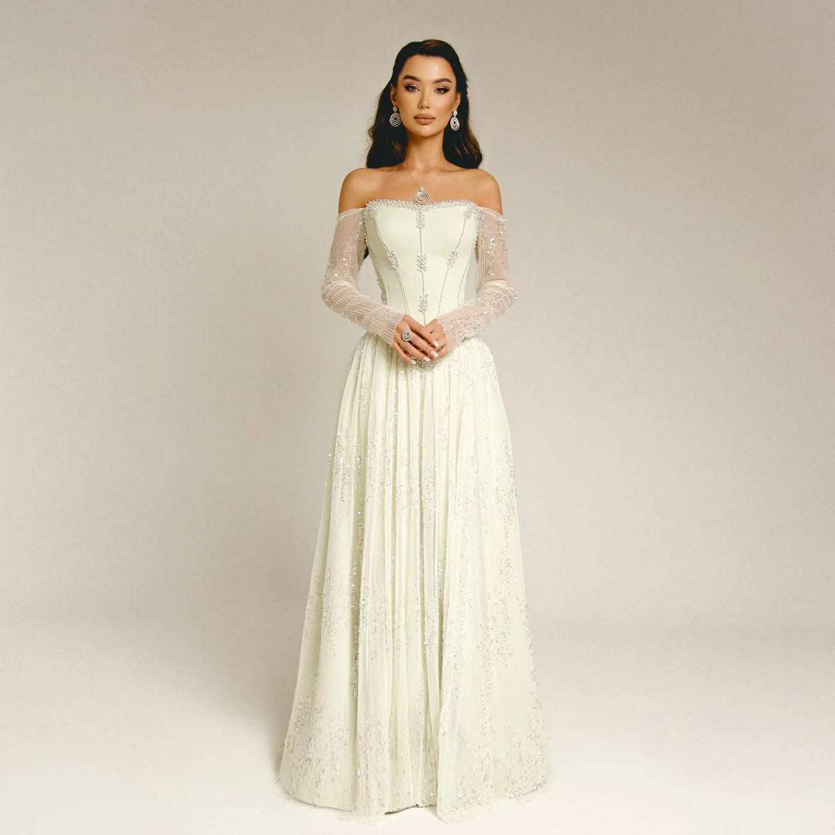 Beige Crystal Beaded Mesh Sleeve Evening Dress SS628