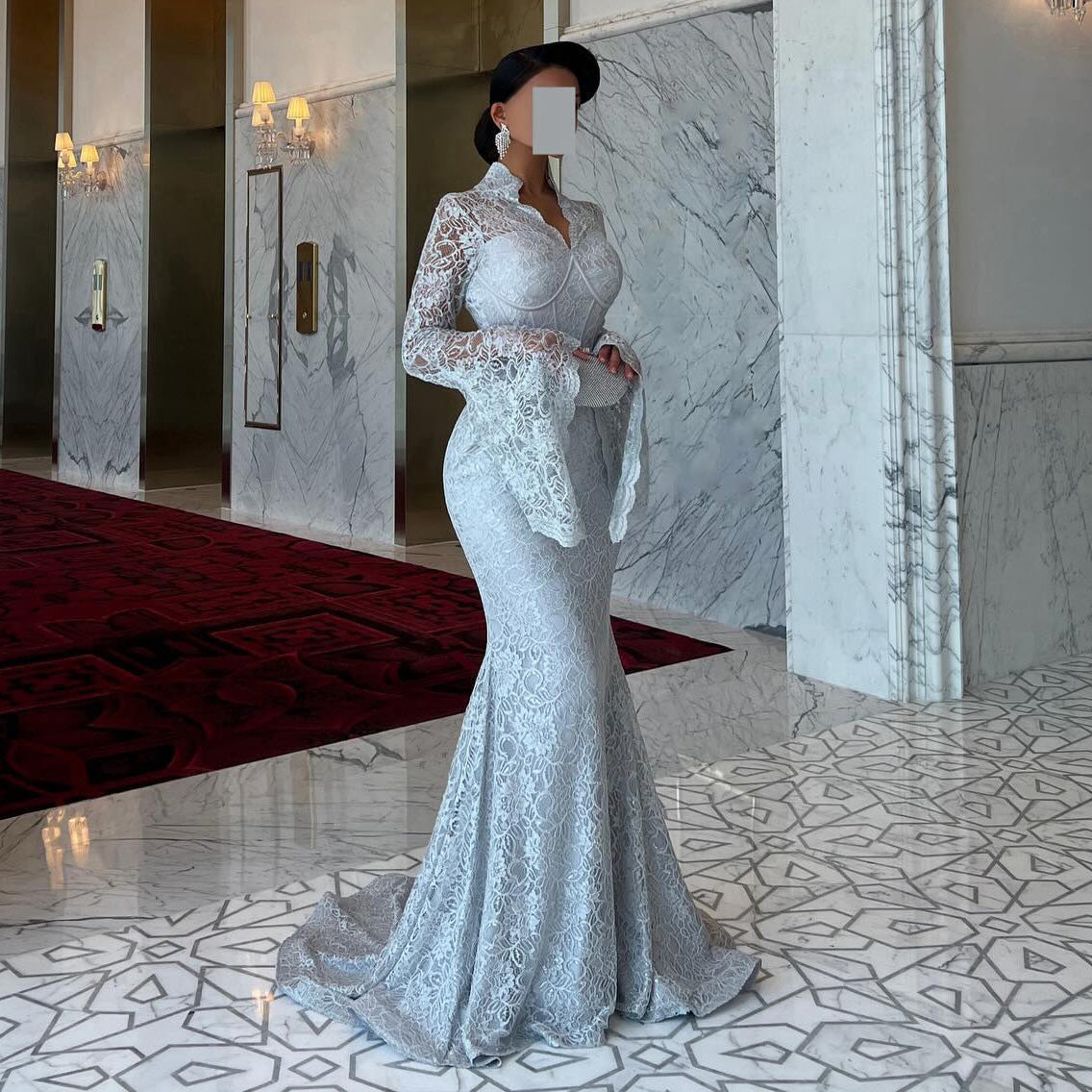 Elegant White Lace Long Sleeve Evening Dress SF122