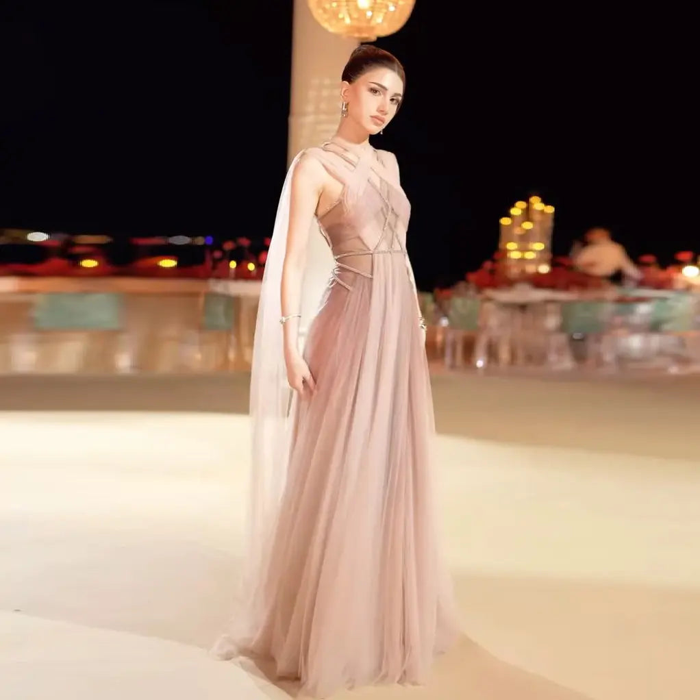 Trendy Pink Ombre Cape Evening Gown SS309
