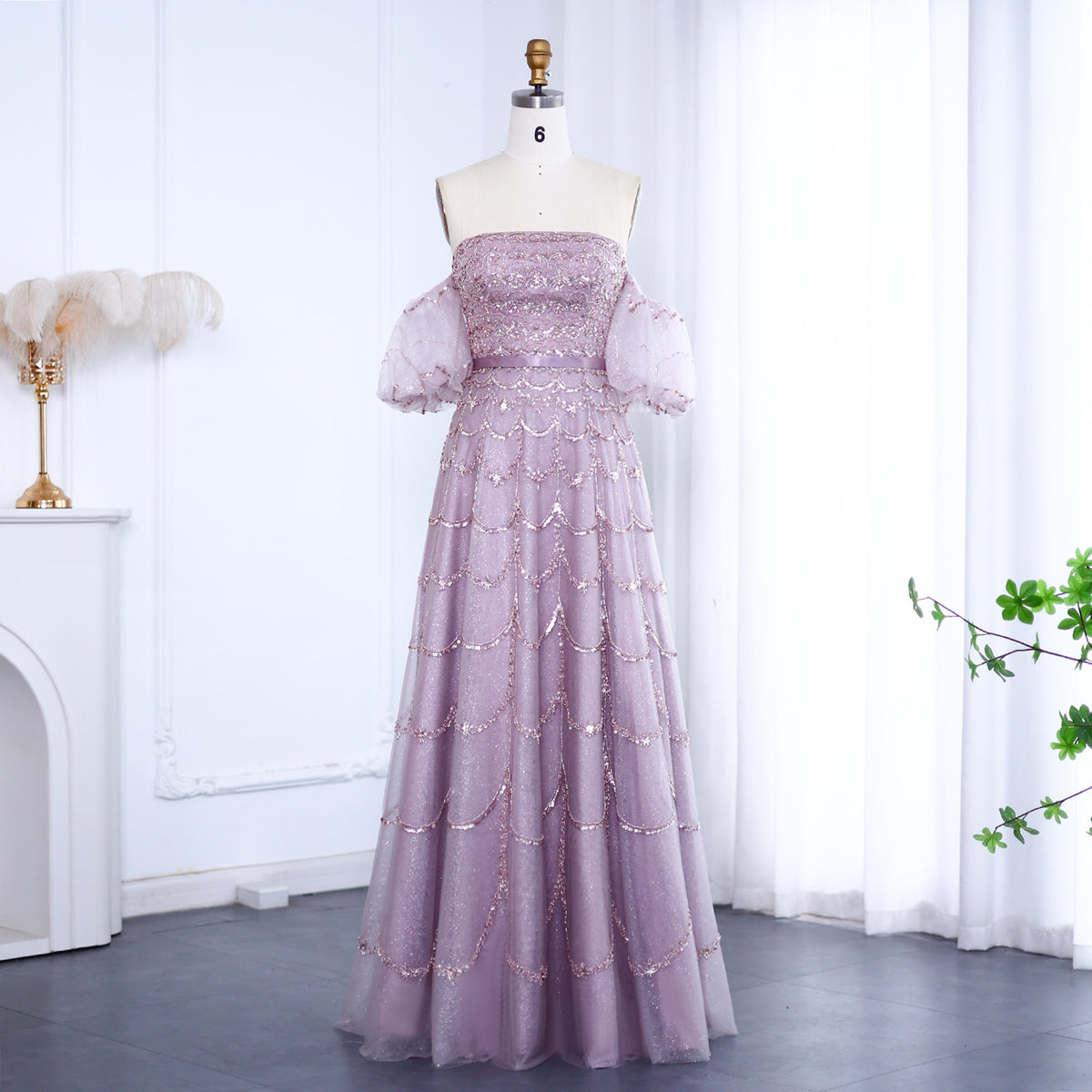 Luxury Strapless Puff Sleeves Pink Evening Dress SS037